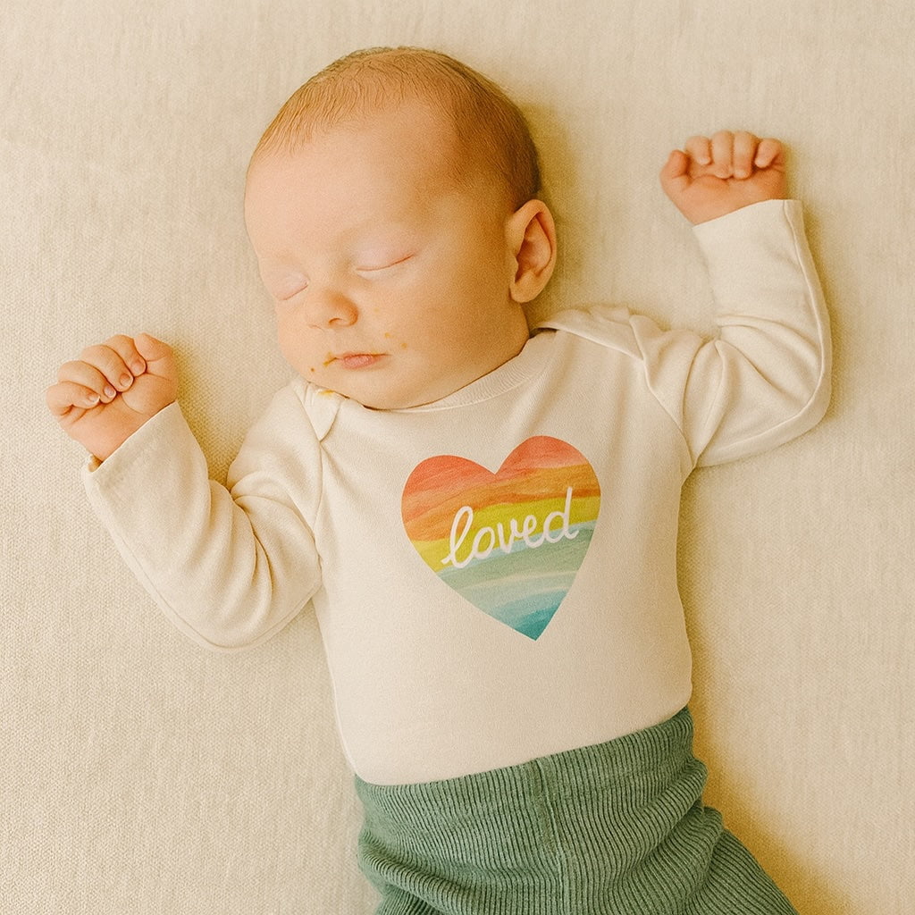 Baby long sleeve graphic bodysuit | loved rainbow heart finn + emma