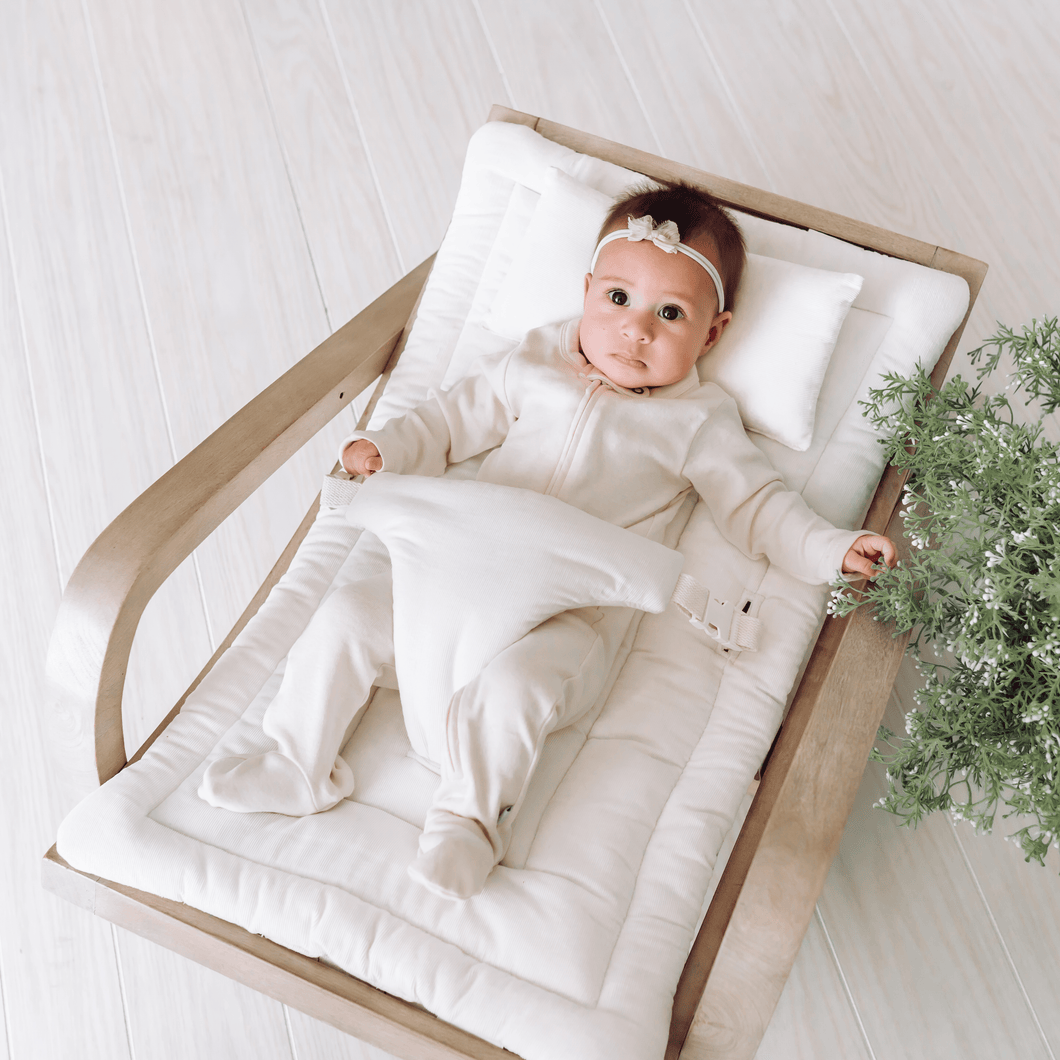 Baby om rocker | grey wood ivory cushion finn + emma