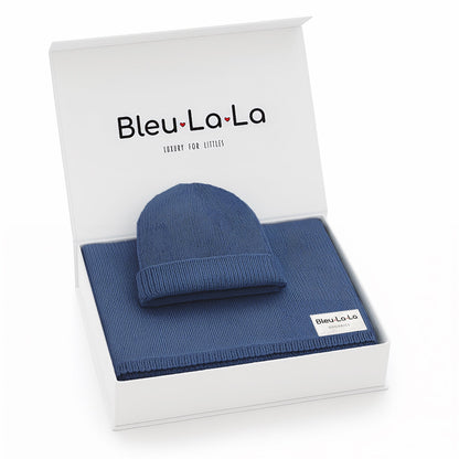 Baby Luxe Collection 100% Organic Cotton Luxury Knit Baby Blanket + Hat Set with Gift Box Bleu La La