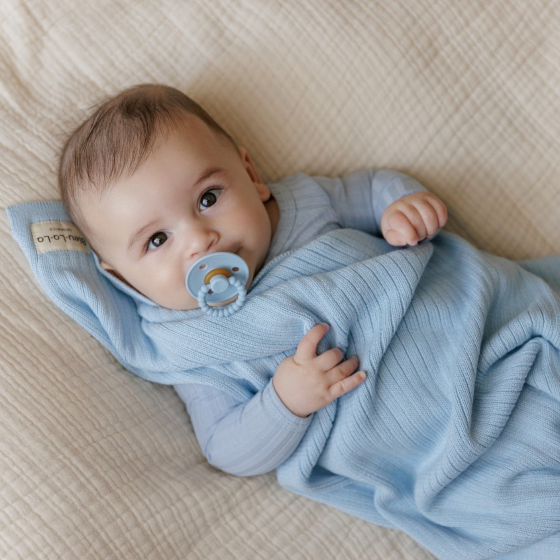 Baby Organic Ribbed Knit Cotton Baby Blanket Bleu La La