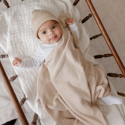 Baby Luxe Collection 100% Organic Cotton Luxury Knit Baby Blanket + Hat Set with Gift Box Bleu La La