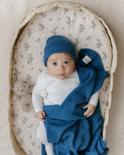 Baby Luxe Collection 100% Organic Cotton Luxury Knit Baby Blanket + Hat Set with Gift Box Bleu La La