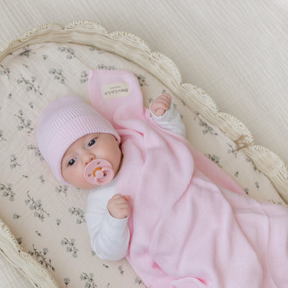 Baby Luxe Collection 100% Organic Cotton Luxury Knit Baby Blanket + Hat Set with Gift Box Bleu La La
