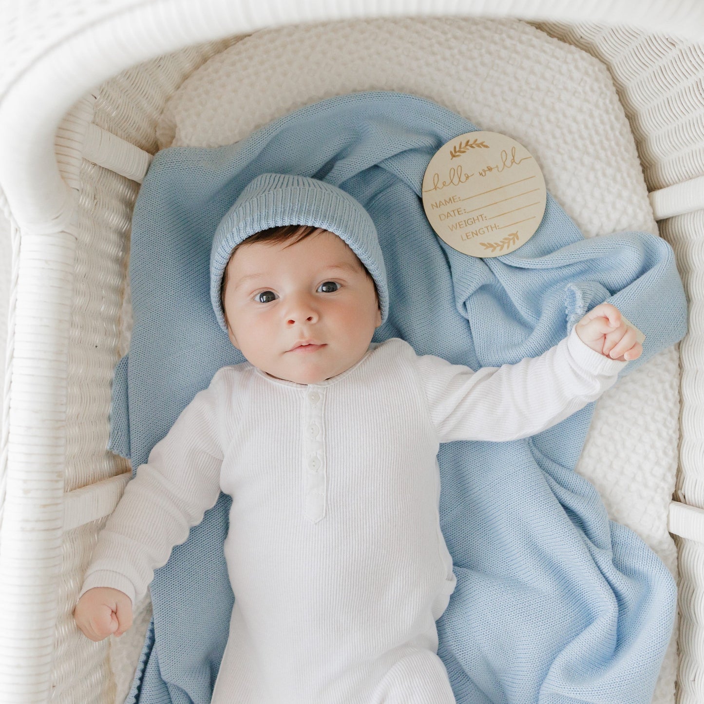 Baby Luxe Collection 100% Organic Cotton Luxury Knit Baby Blanket + Hat Set with Gift Box Bleu La La
