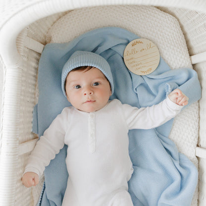 Baby Luxe Collection 100% Organic Cotton Luxury Knit Baby Blanket + Hat Set with Gift Box Bleu La La
