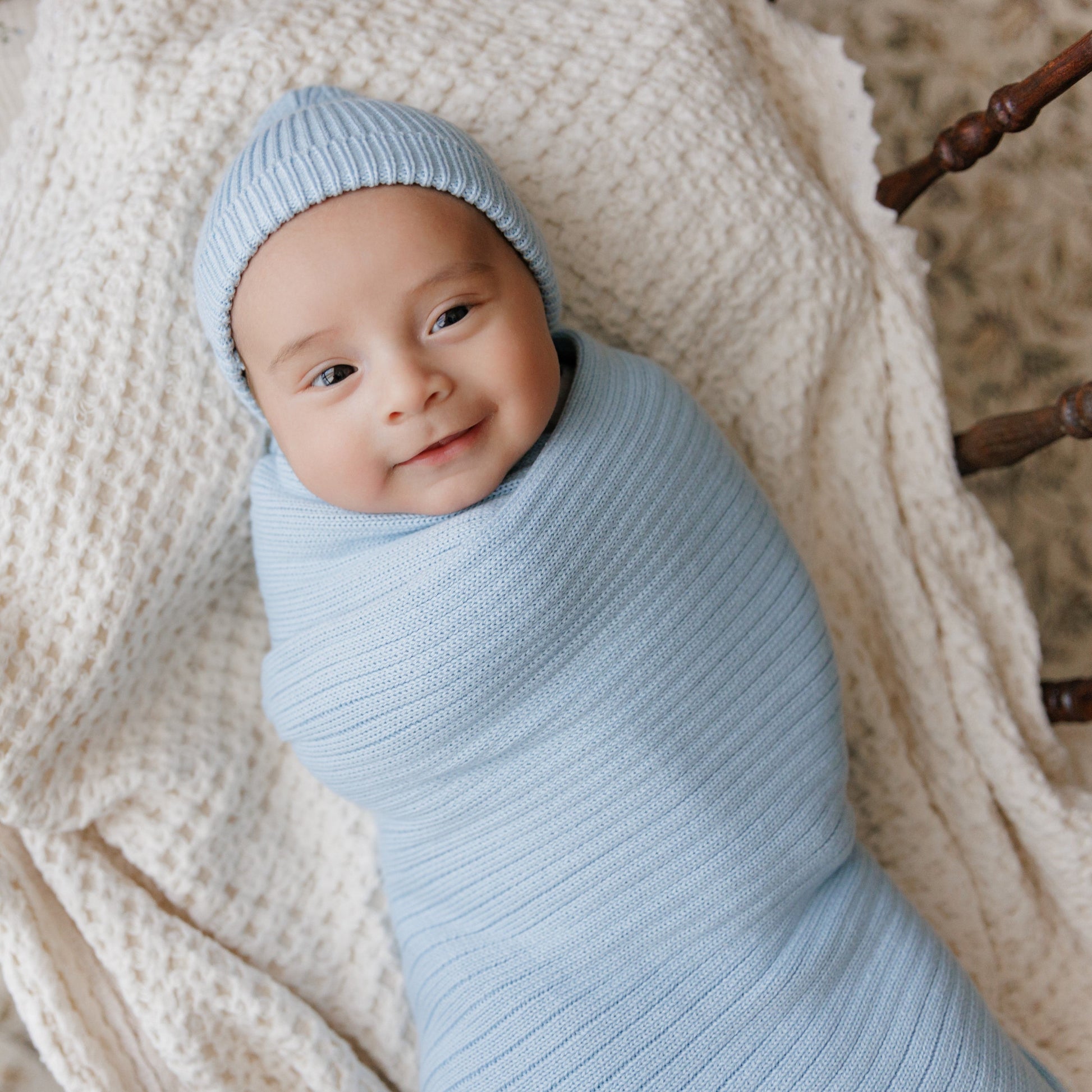 Baby Organic Ribbed Knit Cotton Baby Blanket Bleu La La