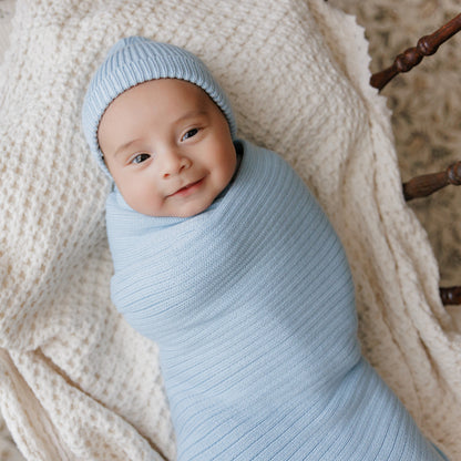 Baby Organic Ribbed Knit Cotton Baby Blanket Bleu La La