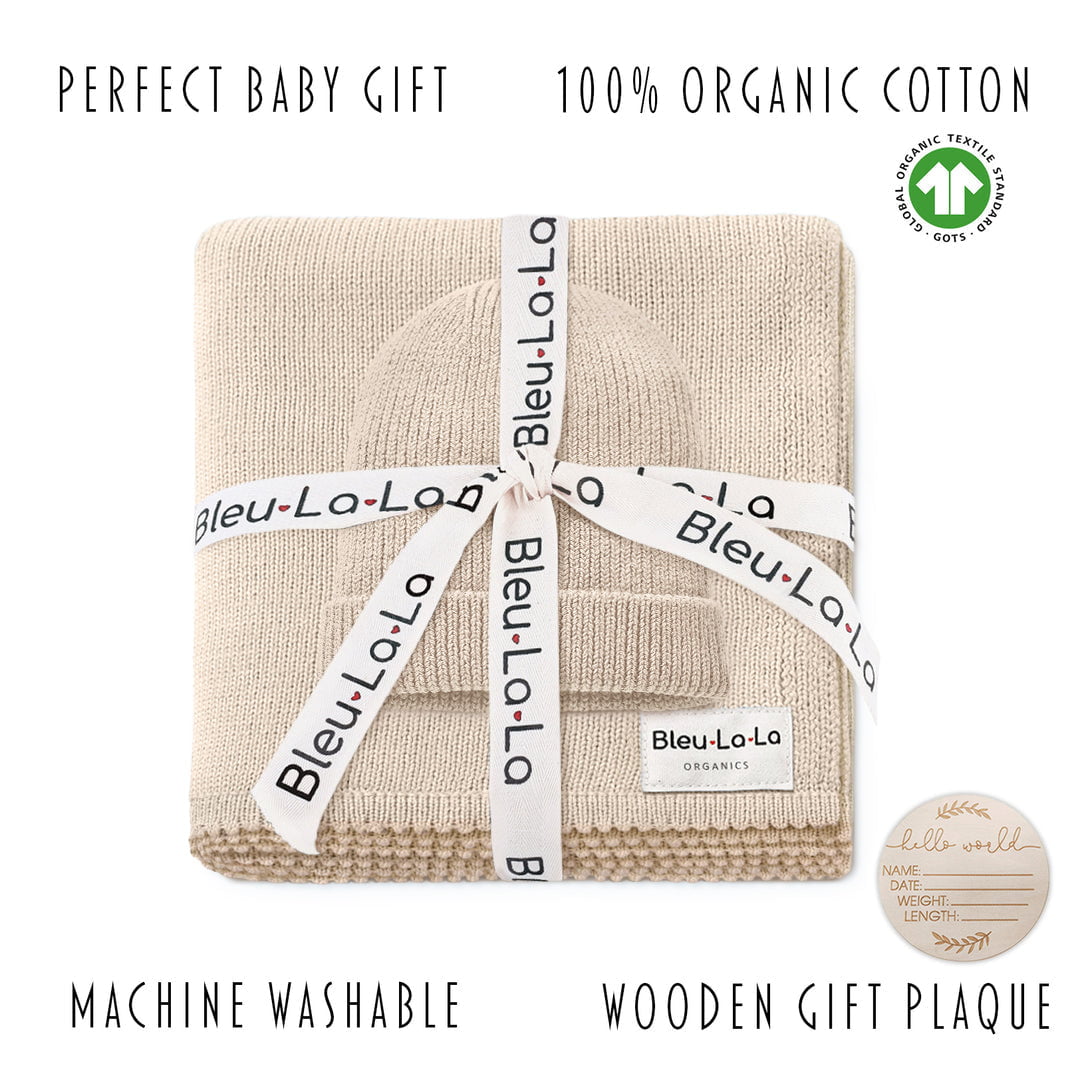 Baby Luxe Collection 100% Organic Cotton Luxury Knit Baby Blanket + Hat Set with Gift Box Bleu La La