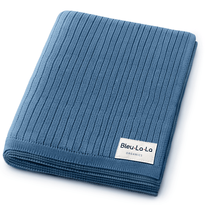 Baby Organic Ribbed Knit Cotton Baby Blanket Bleu La La