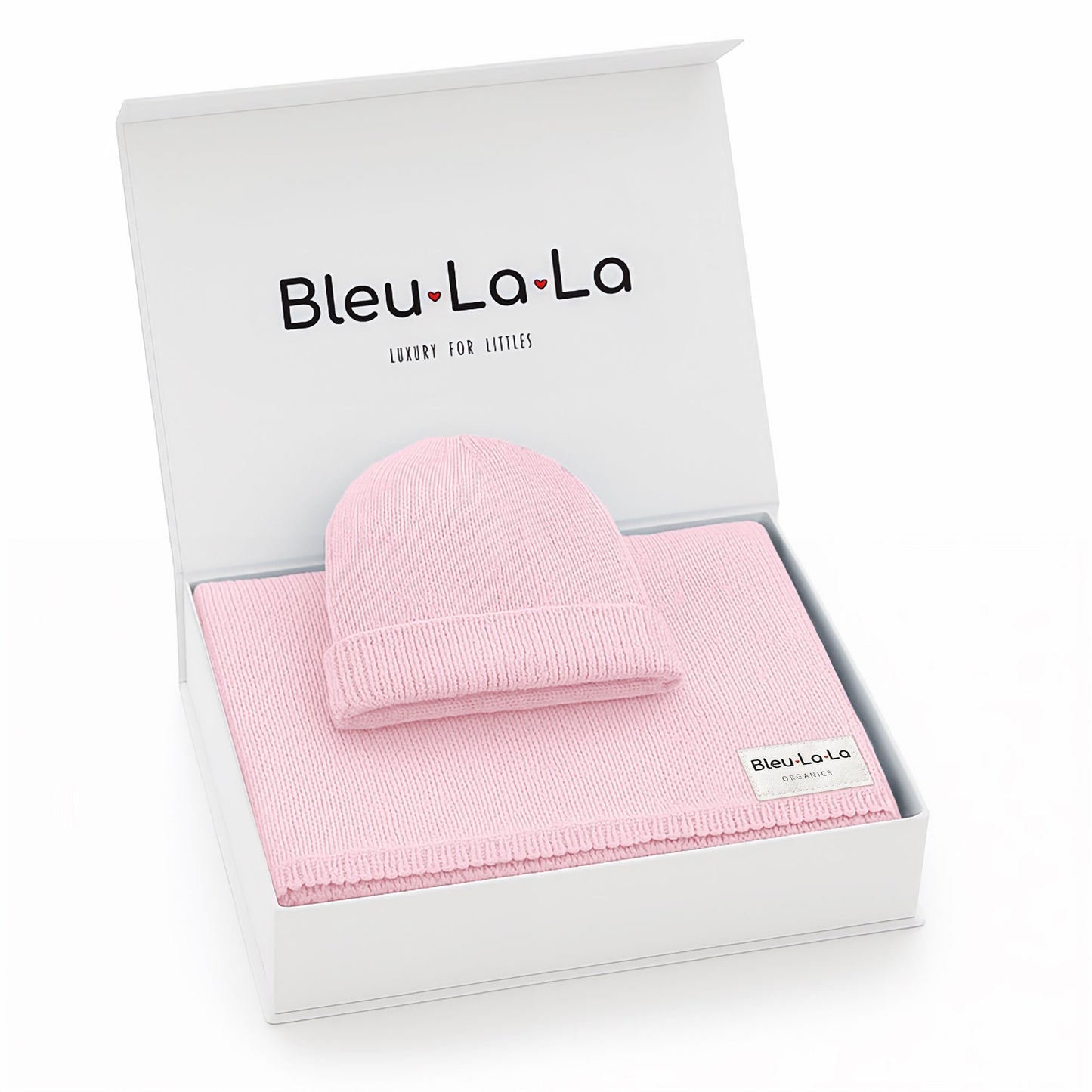 Baby Luxe Collection 100% Organic Cotton Luxury Knit Baby Blanket + Hat Set with Gift Box Bleu La La