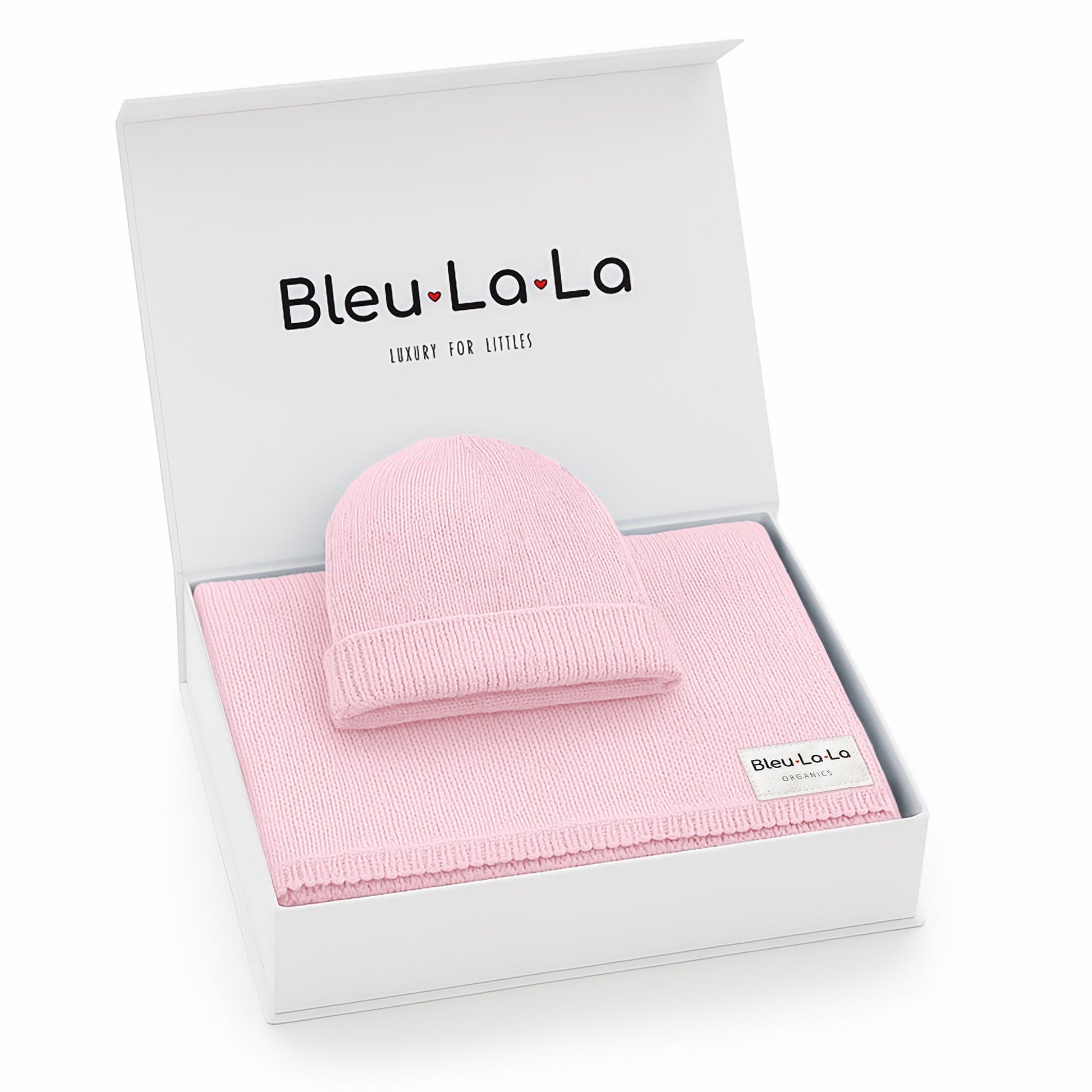 Baby Luxe Collection 100% Organic Cotton Luxury Knit Baby Blanket + Hat Set with Gift Box Bleu La La