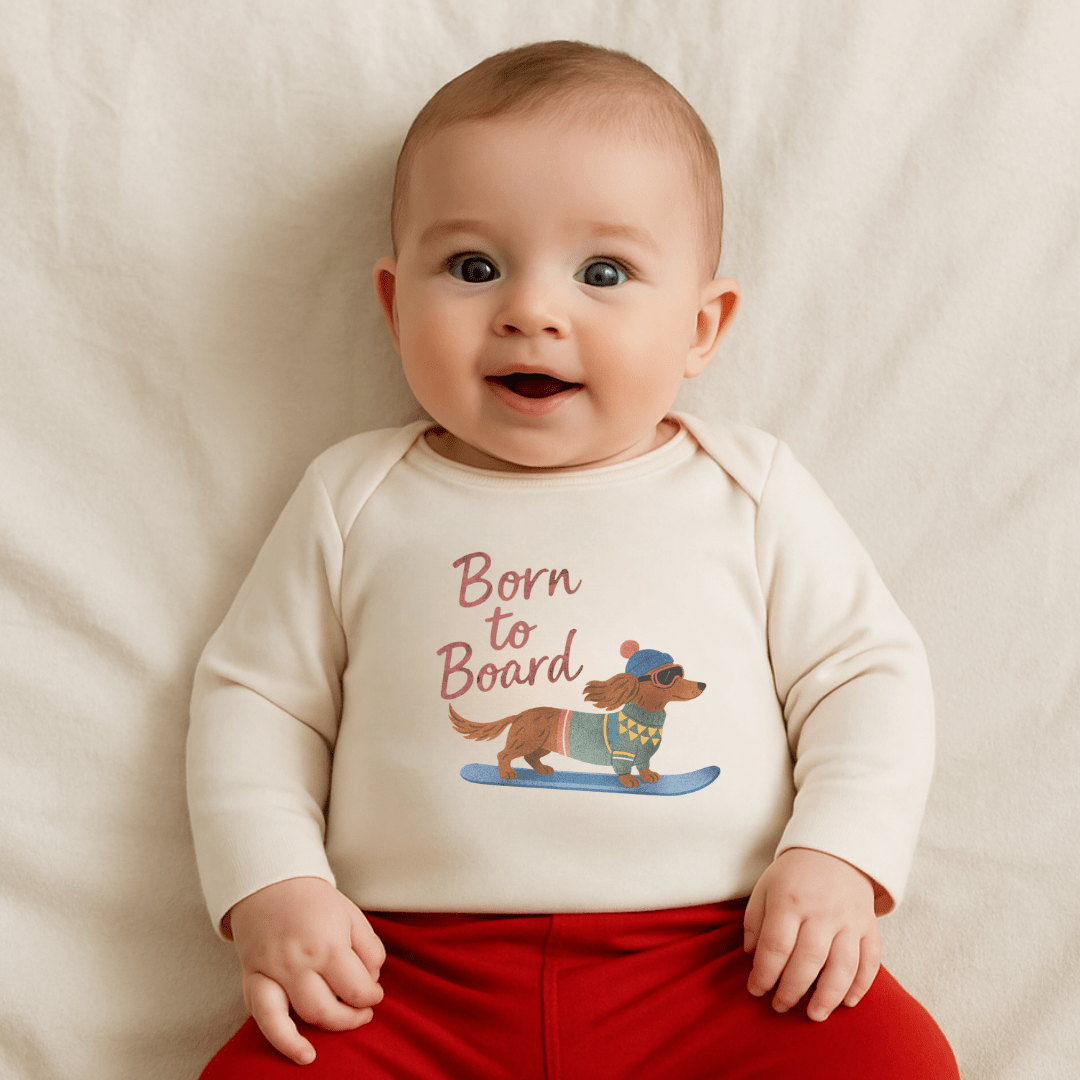 Baby long sleeve graphic bodysuit | born to board finn + emma