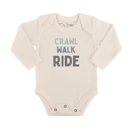 Baby long sleeve graphic bodysuit | crawl walk ride finn + emma
