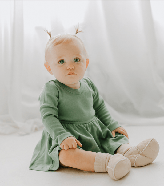 Baby long sleeve twirl dress | Basil Green finn + emma