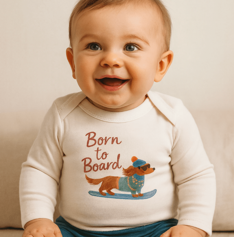 Baby long sleeve graphic bodysuit | born to board finn + emma