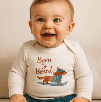 Baby long sleeve graphic bodysuit | born to board finn + emma