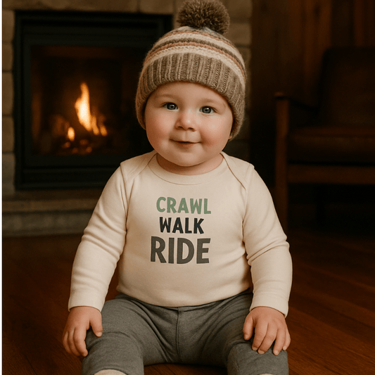 Baby long sleeve graphic bodysuit | crawl walk ride finn + emma