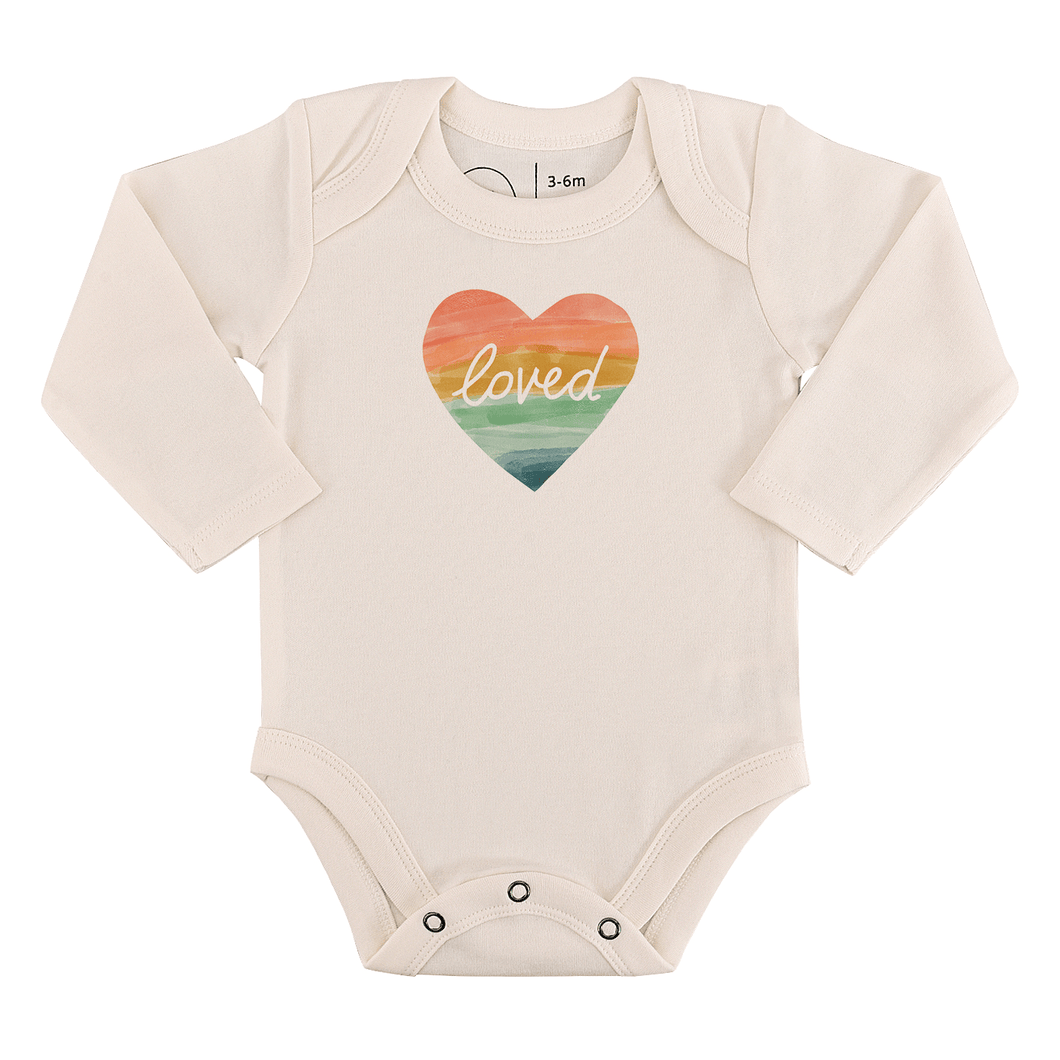 Baby long sleeve graphic bodysuit | loved rainbow heart finn + emma